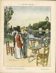 Illustrazione di Ricardo Flores (1878-1918) in Le Rire, 04/07/08 - Bei domeniche - Tempo libero, Natura Vegetazione, Architettura Urbanistica, Ristoranti Caffè, Marittimo