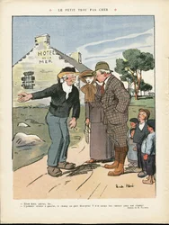 Illustrazione di Ricardo Flores (1878-1918) in Le Rire, 20/07/12 - Il piccolo buco economico - Campagna, Moda, Marina Marittima, Moda Maschile, Turismo Turisti, Hotel
