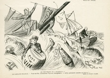 Illustrazione di Ricardo Flores (1878-1918) in Le Rire, 25/05/12 - Il naufragio del radicalismo - Radicalismo, Marina Marittima, Fumare, Yachting, Tabacco - Combes Emile (1835-1921), Andre Louis (1838-1913), Pelletan Camille (1846-1915) - Parodia grafica