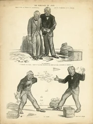 Illustrazione di Ricardo Flores (1878-1918) in Le Rire, 28/12/12 - Romanzo del giorno - Caso di Panama, Caso di registri, Repressione - Milione dei Certosini - Combes Emile (1835-1921), Clemenceau George