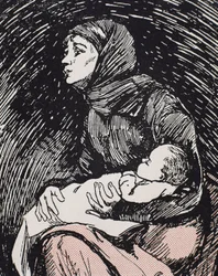 Vigilia di Natale. 1900. Una donna magra con il suo bambino in braccio (incisione)