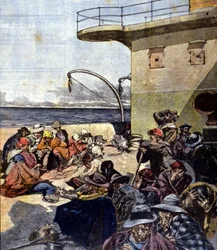 Emigrazione italiana in Canada; il viaggio a bordo del Lake Megantic è stato effettuato in condizioni piuttosto difficili. Ill. di R. Pellegrini. La Domenica del Corriere. 02/06/1901.
