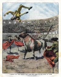 morte del torero JOSE CLARO PEPETE a Murcia il 7 settembre 1910. Illustrazione di Salvadori per la Domenica del Corriere del 18 settembre