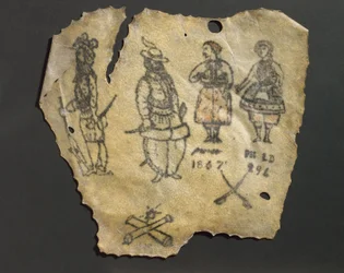 Pelle umana tatuata con figure, probabilmente francese
