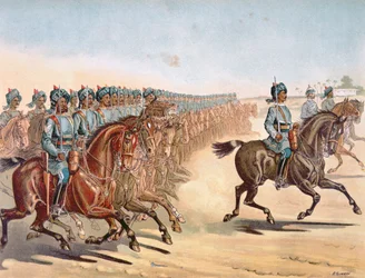 Il 3º Cavalleria Leggera di Madras, ordine di revisione, esercito anglo-indiano degli anni 1880 (litografia a colori)