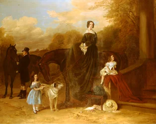 Una famiglia con i loro cacciatori e cani fuori da un maniero, 1841