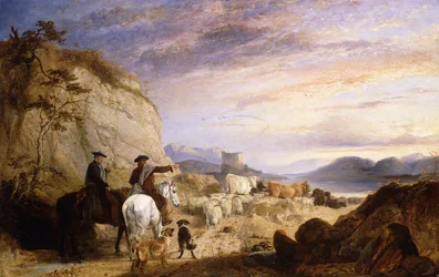 Mandriani delle Highlands e cani che guidano le loro pecore e bovini in un paesaggio roccioso e boscoso, 1846