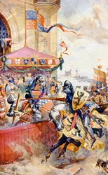 Una giostra sul Tower Bridge, illustrazione da «Storia della nazione britannica di Hutchinson»