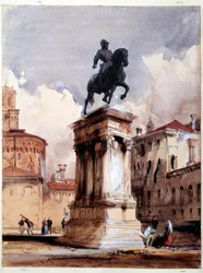 Statua equestre del Colleoni di Verrocchio a Venezia, piazza della chiesa di San Giovanni e Paolo. Acquerello di Richard Parkes Bonington
