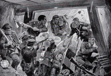 La guerra russo-giapponese: un combattimento corpo a corpo nei terrapieni di Port Arthur, illustrazione da «La storia della nazione»