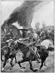 Truppe coloniali britanniche bruciano la fattoria di un boero ribelle. Dopo il dipinto di R. Caton Woodville. Seconda guerra boera 1899-1902.