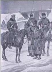 Arresto di spie giapponesi scoperte come coolies, illustrazione da Cassells History of the Russo-Japanese War Vol 1, c.1900