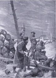Attacco alla ferrovia da parte dei Chunchuses, illustrazione da Cassells History of the Russo-Japanese War Vol 1, c.1900