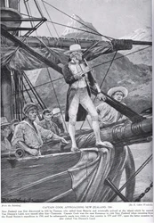 Il capitano Cook si avvicina alla Nuova Zelanda, illustrazione da «Hutchinson