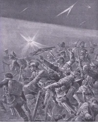 Intrappolati nei fili spinati: Attacco notturno della fanteria britannica, dalla Storia della Grande Guerra Vol 3 pubblicata da Waverley Book Co Limited, c.1920