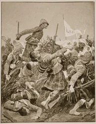 Gli Highlanders di Seaforth che assaltano lo zareba nella Battaglia di Atbara, illustrazione da 