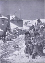 La marcia senza fine verso est: Una vista familiare lungo la strada, illustrazione da Cassells History of the Russo-Japanese War Vol 1, c.1900