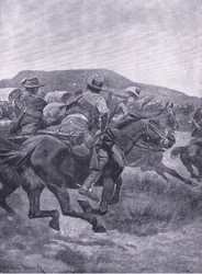 La cavalleria attacca la retroguardia e il trasporto di De Wet, da Dopo Pretoria: La guerra di guerriglia pubblicata da Harmsworth Bros Limited, 1901