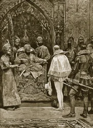 Una delle prime ambascerie inglesi in India, 1599, illustrazione da «Storia della nazione britannica di Hutchinson», 1923 circa
