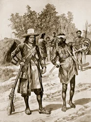 Dampier che esamina un boomerang in Australia, illustrazione da 