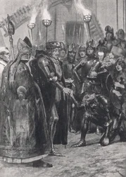 Edoardo III che saluta il Principe di Galles dopo la Battaglia di Crecy, illustrazione da 