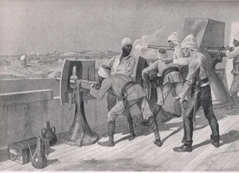 Sulla strada verso il Nilo: Sparando ai Dervisci, illustrazione da British Battles on Land and Sea, 1915