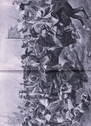 Il conflitto di cavalleria alla battaglia di Ramilles, 3 maggio 1706, illustrazione da British Battles on Land and Sea, 1915