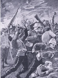 La difesa di Rorkes Drift, illustrazione da British Battles on Land and Sea, 1915