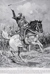 La prima carica a Hastings: Taillefer il menestrello giocoliere di spade cavalcava dalle file cantando e lanciando la sua spada in aria, 1066, illustrazione da 