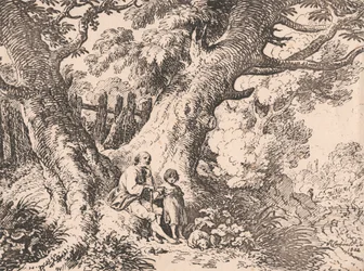 Vecchi alberi con vecchio uomo, bambino e cane