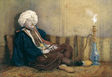 Ritratto di Sir Thomas Philips in costume orientale, sdraiato con un narghilè