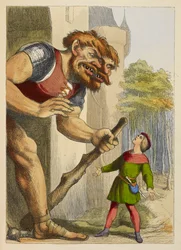 Jack che guarda un gigante con due teste. Il gigante è gallese. Illustrazione a colori in un libro per bambini.