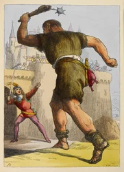Jack pronto a combattere un gigante fuori da un castello. Illustrazione a colori in un libro per bambini