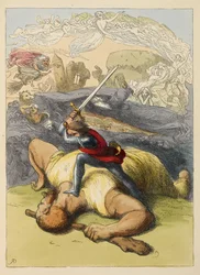 Jack in piedi sul corpo di un gigante, con la spada alzata. Illustrazione a colori in un libro per bambini.