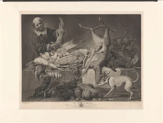 Mercante mostra selvaggina, carciofi, zucche e un