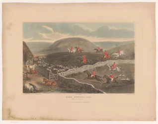 Paesaggio con cani e cacciatori a cavallo che corrono nei campi