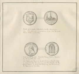Lichfield - Medaglie della Cattedrale di Lichfield e stemma della città, e un ritratto di Richard Greene: disegno a penna, nd [inizio 19° sec]