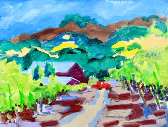 Camion rosso in un vigneto, California