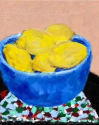 Natura morta con limoni in una ciotola blu