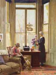 Interno con due signore e un cane