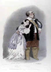 Giulia Grisi e Luigi Lablache nel terzo atto de I puritani di Vincenzo Bellini. Litografia di R. J. Lane. 1835
