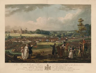 La revisione reale a Hatfield Park della cavalleria e fanteria volontaria, con la milizia della contea di Herts, il 13 giugno 1800, inciso da Joseph C. Stadler