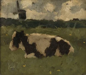 Mucca a riposo con mulino
