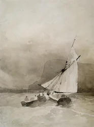 Una Nave a Vela e una Barca a Remi in mari agitati al largo di Beachy Head, Sussex