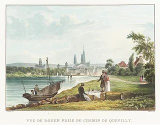 Veduta di Rouen presa dalla strada di Quevilly (Francia). Litografia di Richard Parkes Bonington, inizio XIX secolo