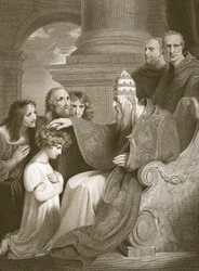 Il principe Alfredo davanti a Papa Leone III, inciso da J. Stow, illustrazione da 