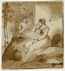 Due donne che conversano vicino a una casa