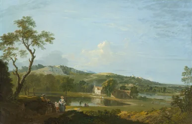 Un ampio paesaggio con cottage vicino a un lago, circa 1744-1745