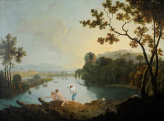 Paesaggio classico con ragazzi che fanno il bagno