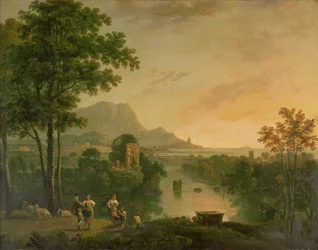Paesaggio costiero al tramonto con pastori e pastorelle che danzano